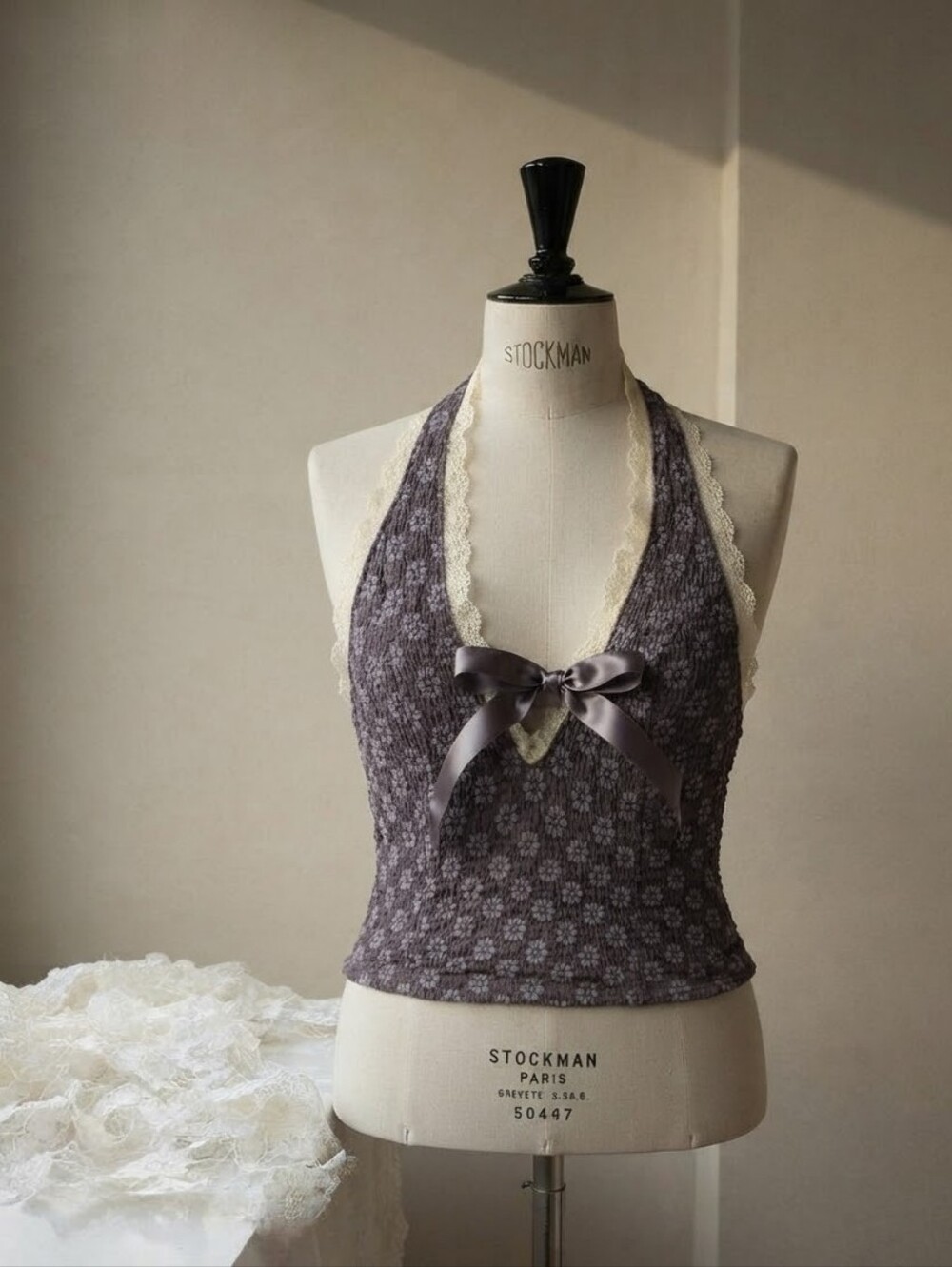 Lace-Trim Halter Knit Camisole in Dusty Purple